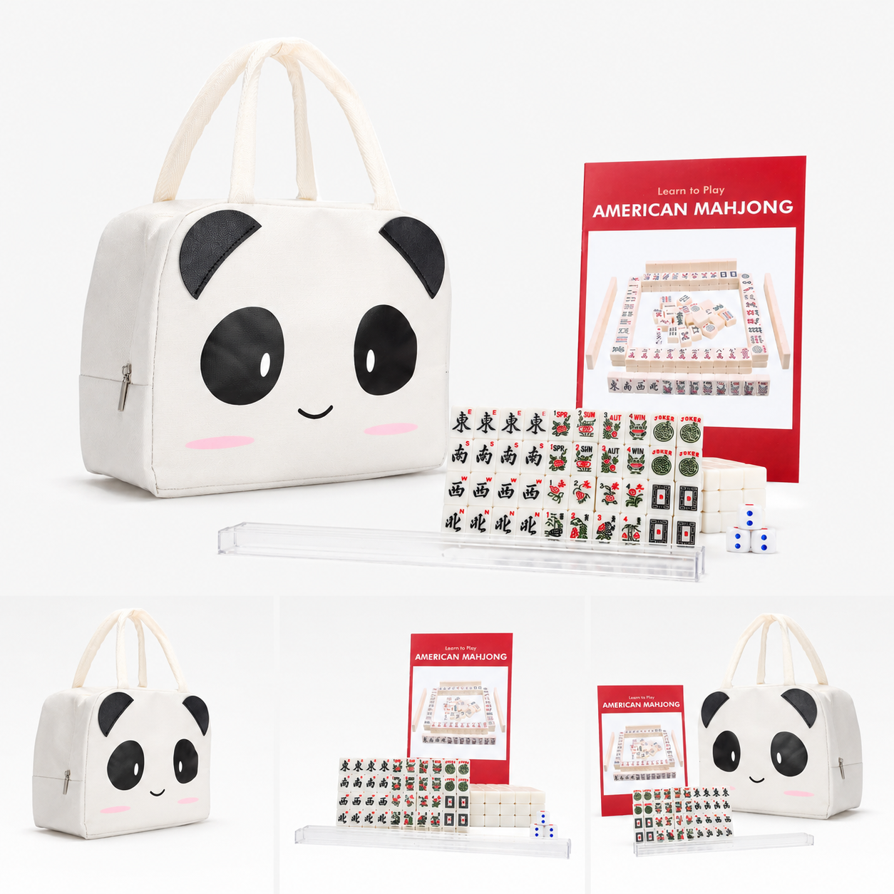 Panda-bag American Mahjong travel set shown in three product views