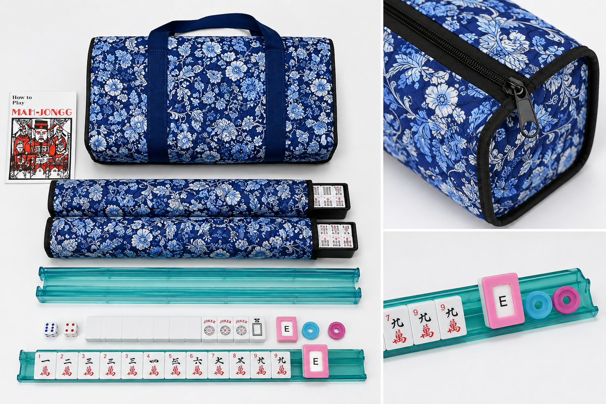 American Mahjong Set – 166 Tiles, Racks & Blue Carrying Bag