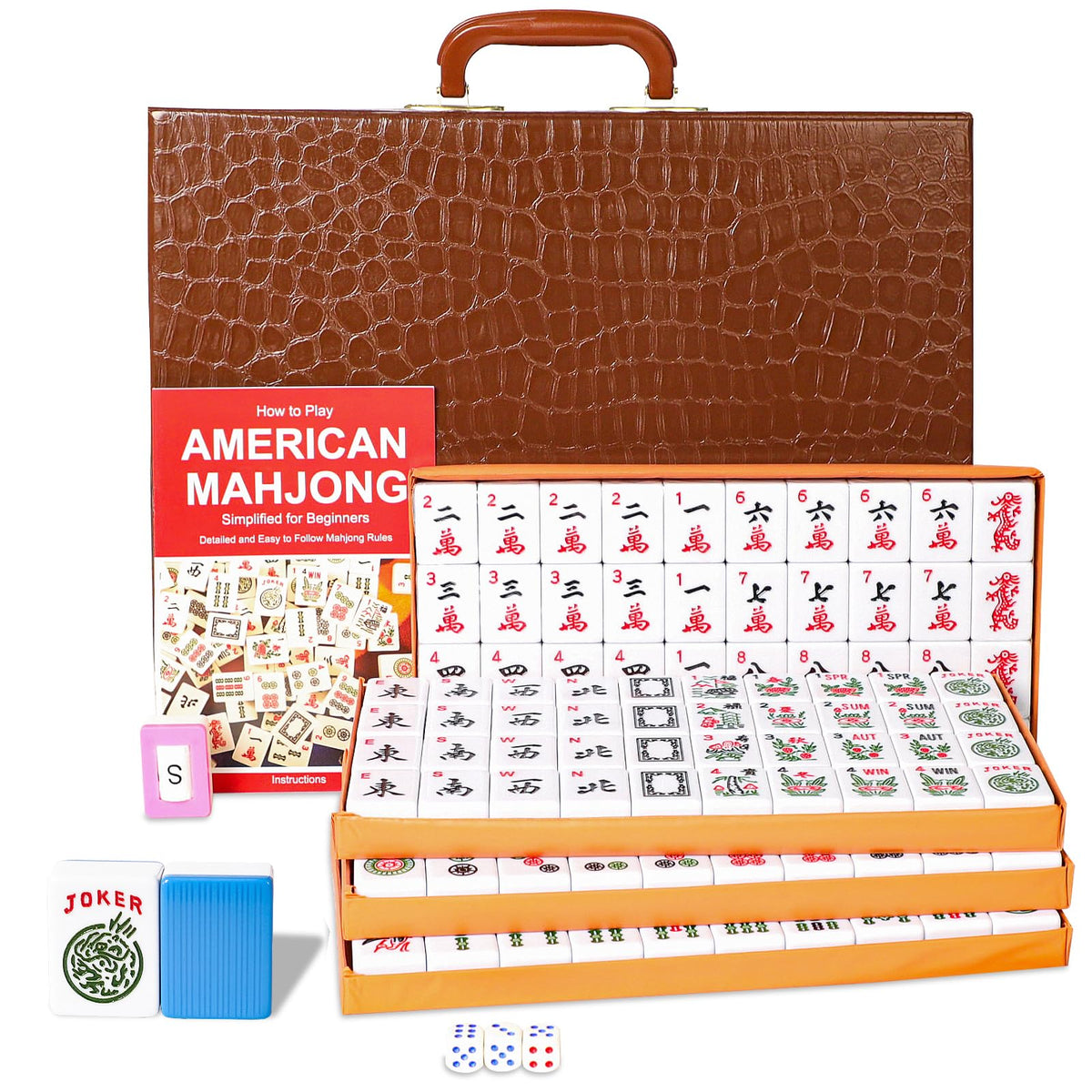 Large American Mahjong Tile Set – 166 Blue-Back Tiles & Brown Case