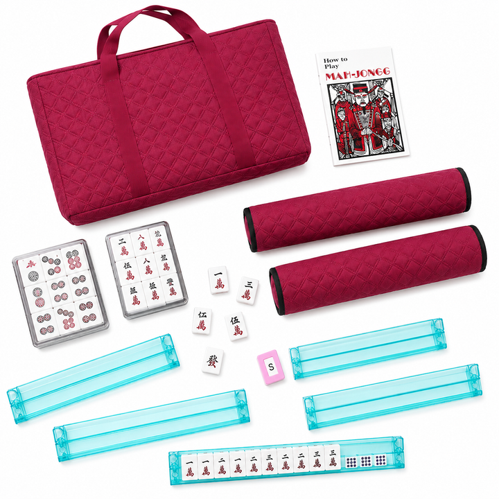 American Mahjong Set – 166 Tiles, 4 Rack-Pushers & Burgundy Case