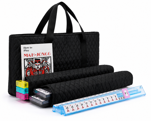 Black quilted American Mahjong case with instruction booklet, tile trays, rack-pusher and accessories