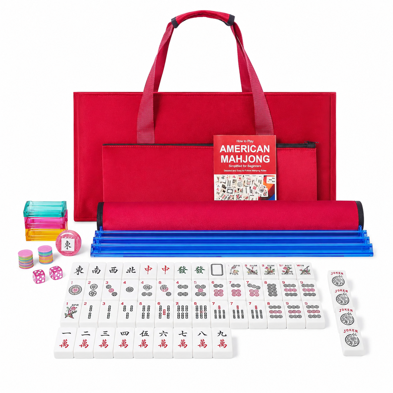 Red American Mahjong carrying case with white tiles, blue rack-pushers, dice, chips and instruction booklet