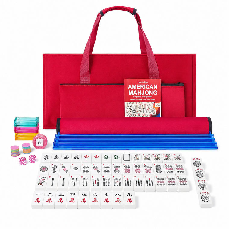 Red American Mahjong carrying case with white tiles, blue rack-pushers, dice, chips and instruction booklet