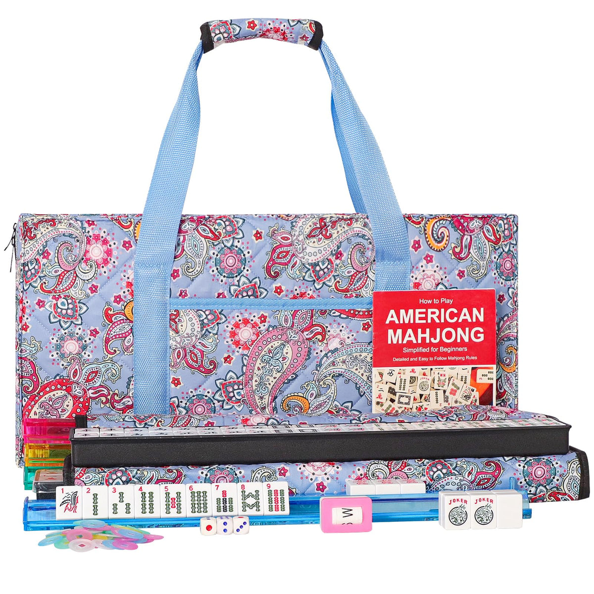 American Mahjong Set – 166 Tiles, Racks & Blue Printed Bag