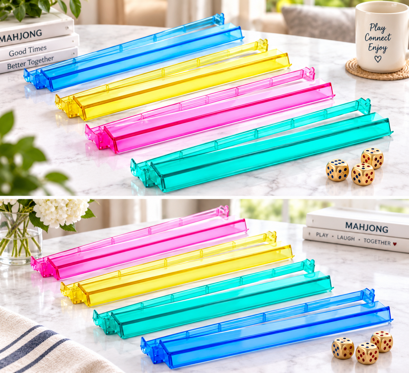 Lifestyle composite of multicolor Mahjong rack-pusher units with gold-color pieces