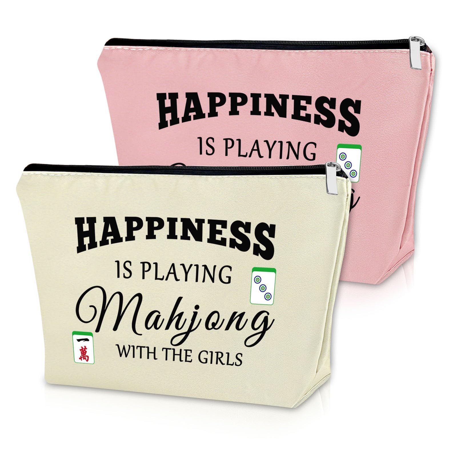 Pink double-sided printed Mahjong cosmetic bag