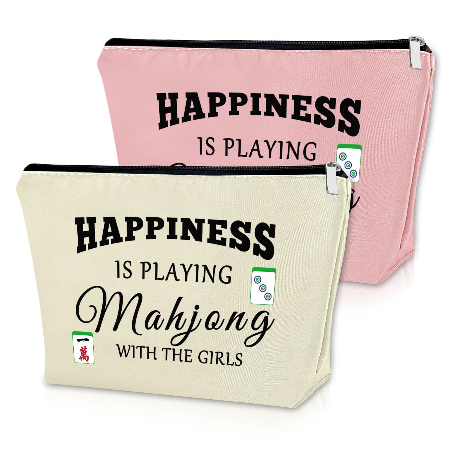 Pink double-sided printed Mahjong cosmetic bag