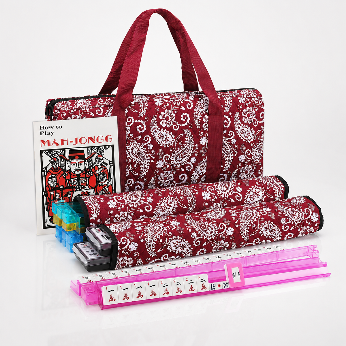 American Mahjong Set – 166 Tiles, Racks & Red Paisley Case