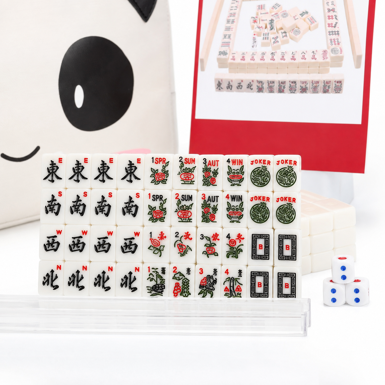 White mini American Mahjong tiles with panda bag, instruction booklet and dice