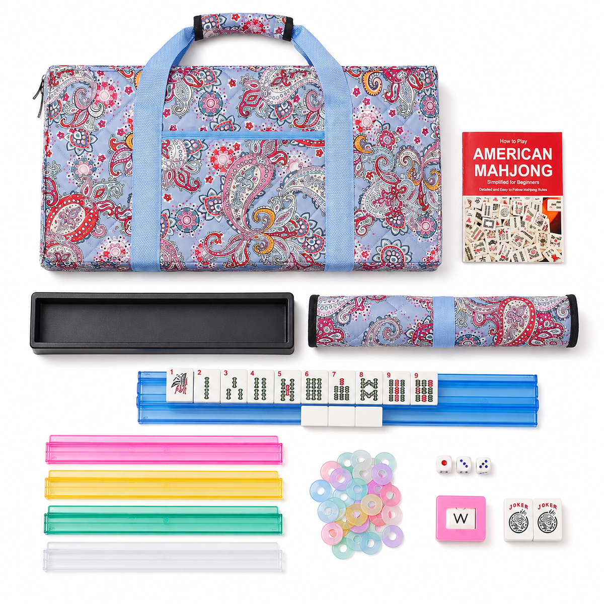 American Mahjong Set – 166 Tiles, Racks & Blue Printed Bag