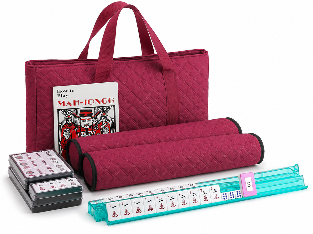 American Mahjong Set – 166 Tiles, 4 Rack-Pushers & Burgundy Case