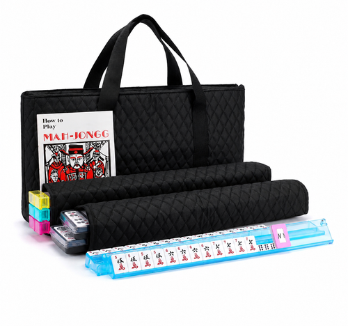 Black quilted Mahjong set with blue rack-pusher and white tiles