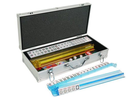 Open silver aluminum American Mahjong case with white tiles, translucent rack-pushers and dice