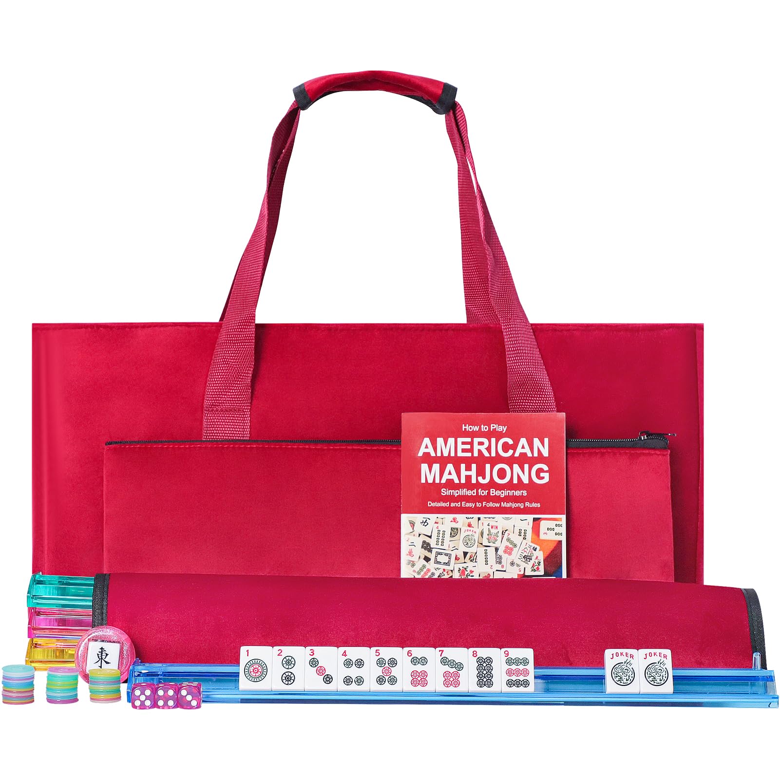 Red-bag American Mahjong set with white tiles, blue rack-pusher and playing accessories