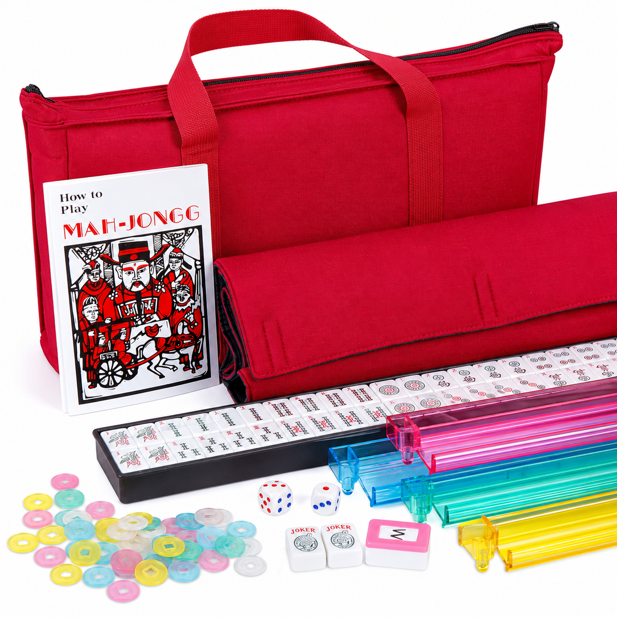 American Mahjong Set – 166 Tiles, Racks & Red Paisley Tote