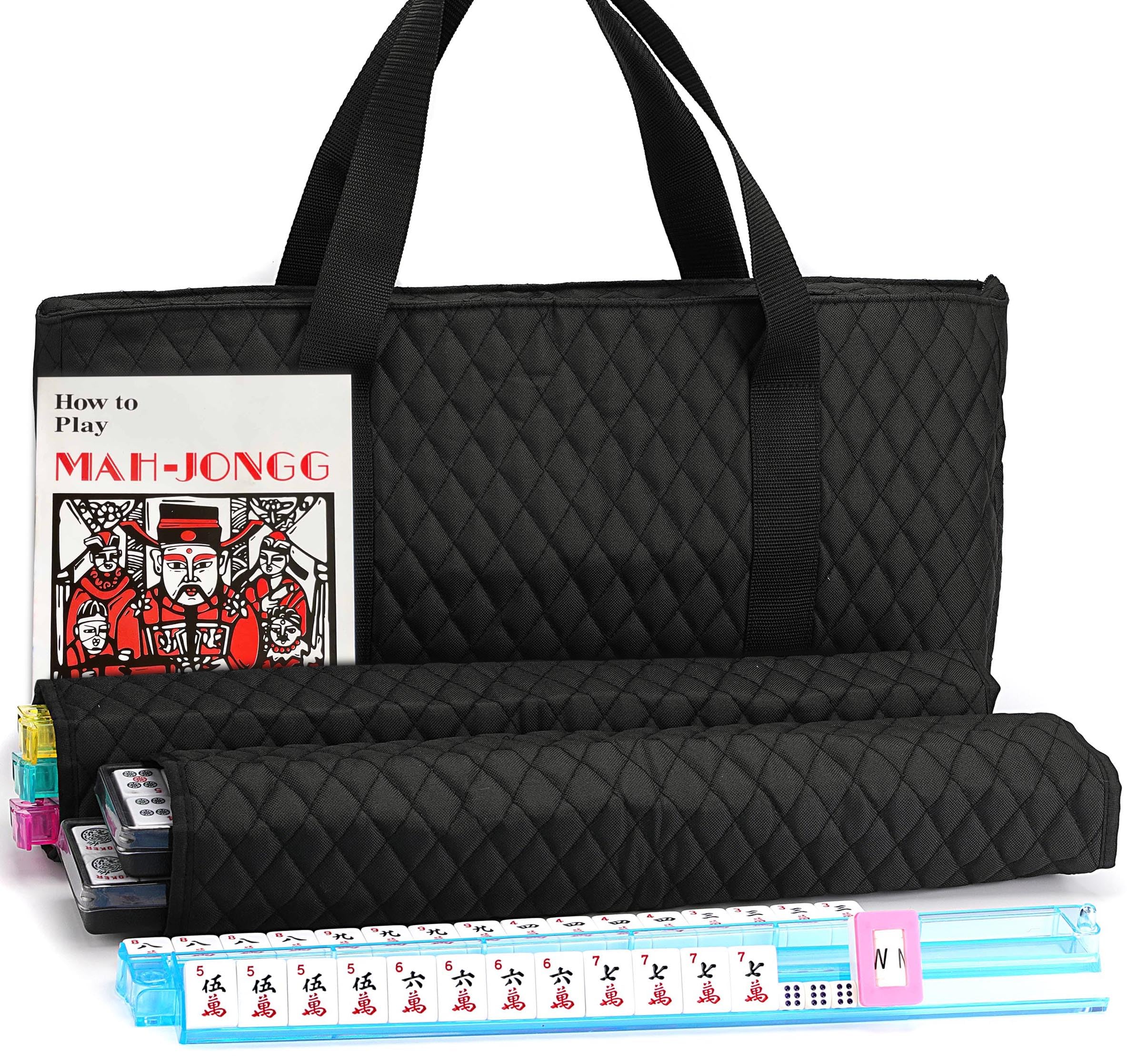 American Mahjong set with white tiles, four rack-pushers and black quilted bag