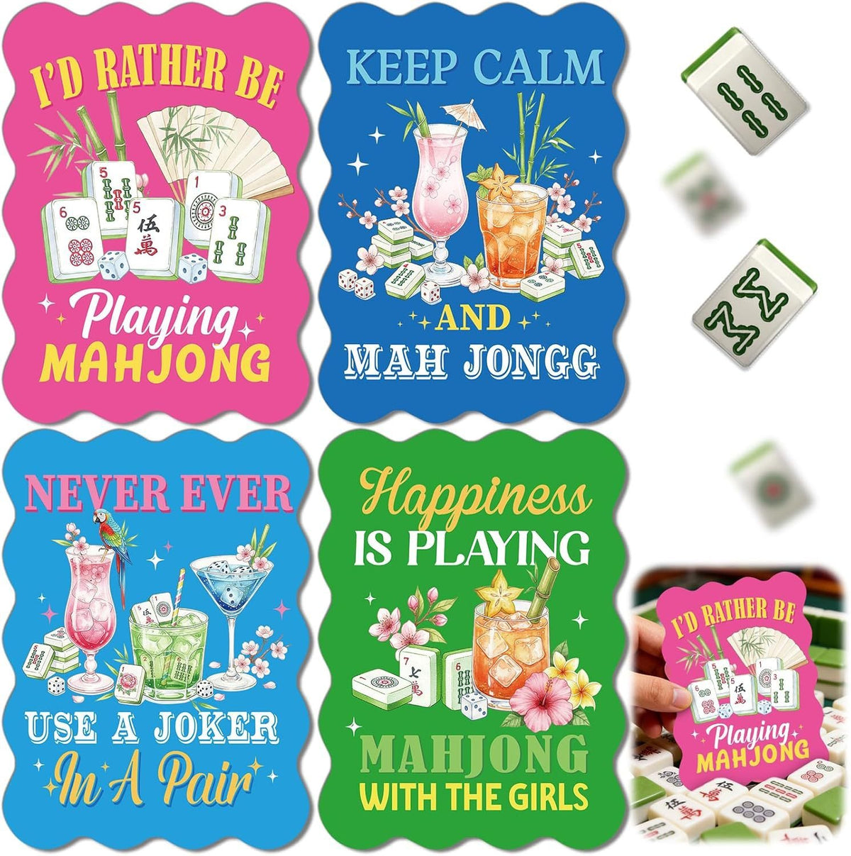 Colorful Mahjong Tile Shufflers with Slogans – Set of 4