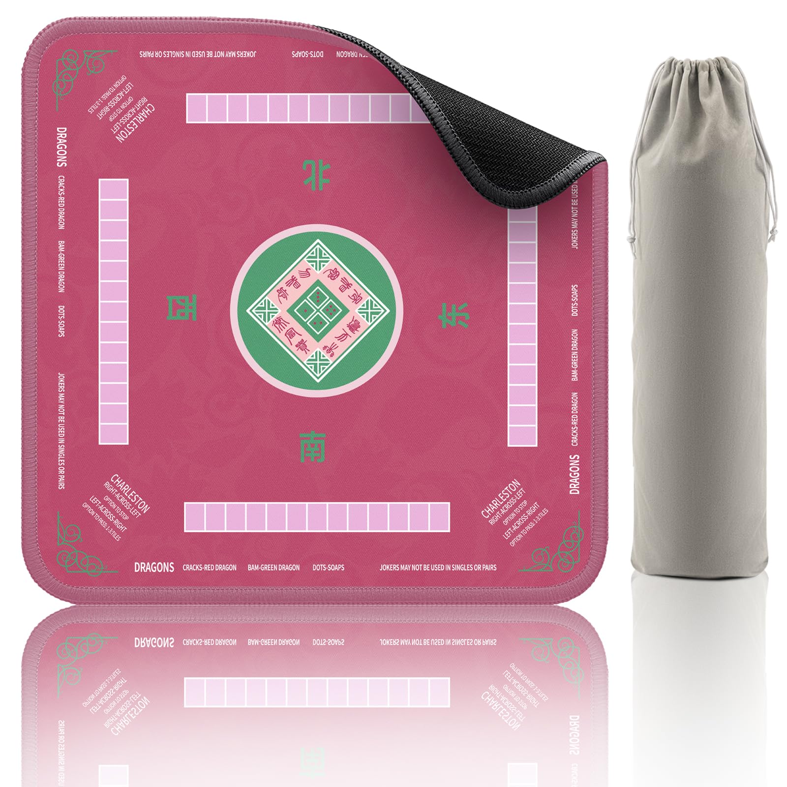 Pink 32.4-inch Mahjong mat with black textured underside beside a gray drawstring pouch