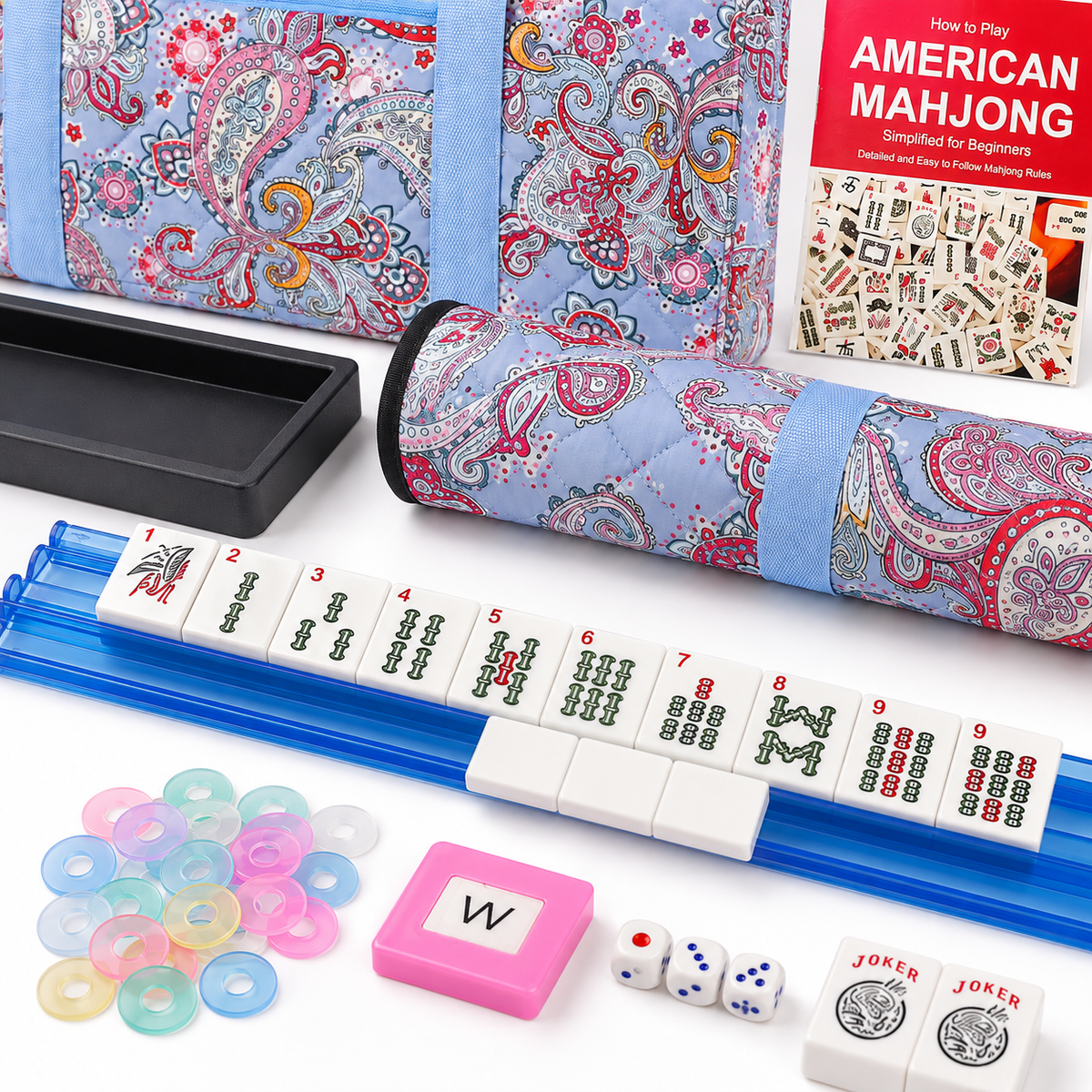 American Mahjong Set – 166 Tiles, Racks & Blue Printed Bag