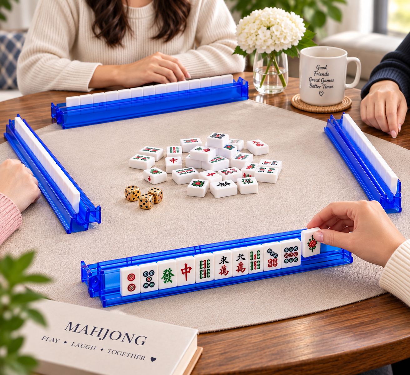 Four blue integrated Mahjong rack-and-pusher units arranged for play