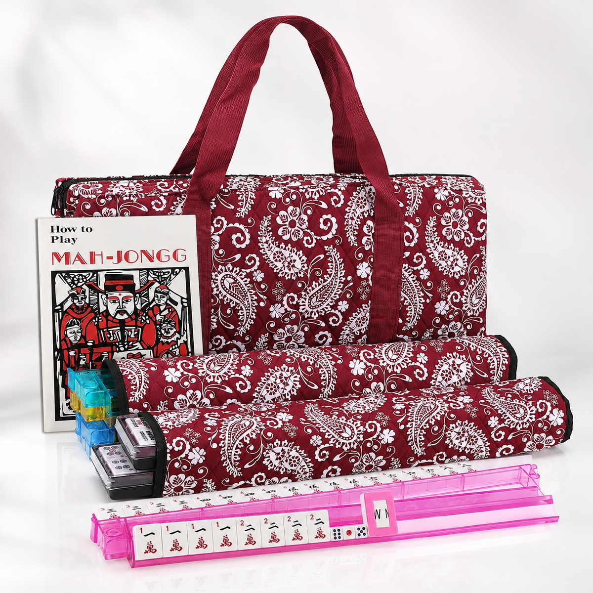 American Mahjong Set – 166 Tiles, Racks & Red Paisley Case