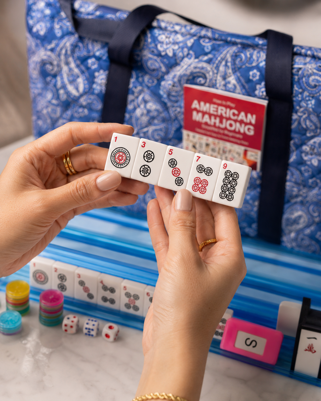 American Mahjong Set – 166 Tiles, Racks, Trays & Blue Bag
