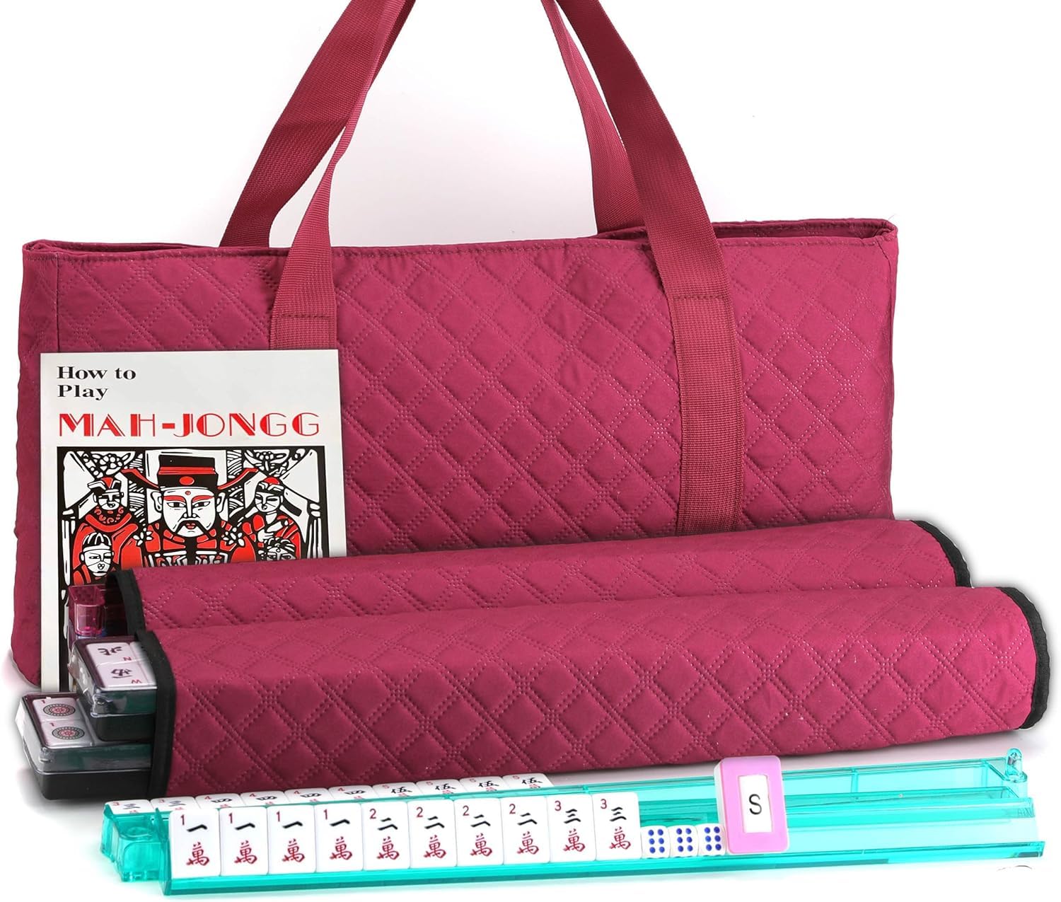 Burgundy-bag American Mahjong set with white tiles, teal rack-pusher and accessories