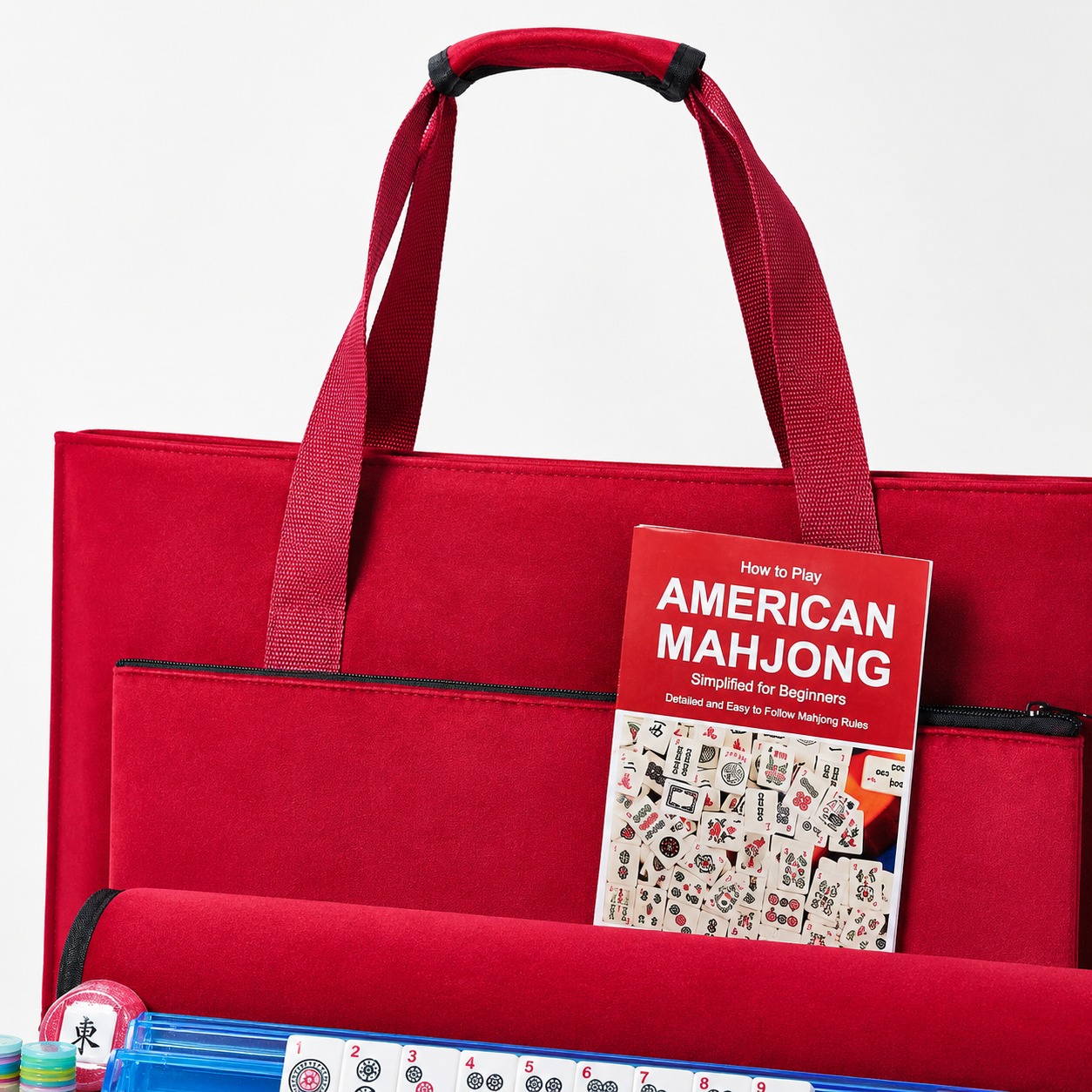 Red soft carrying case with American Mahjong instruction booklet