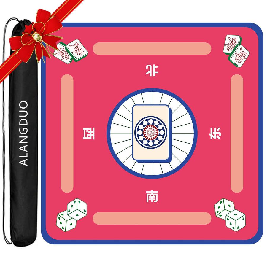 Pink square Mahjong mat with black drawstring carrying bag