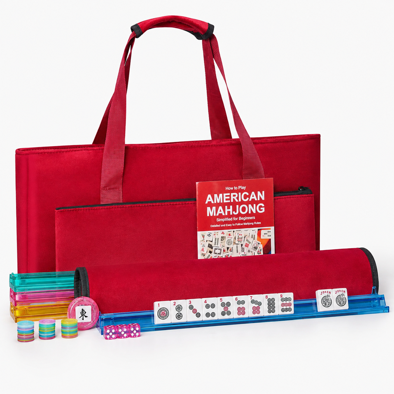 Red Mahjong case with instruction booklet, blue rack-pushers and colorful game accessories