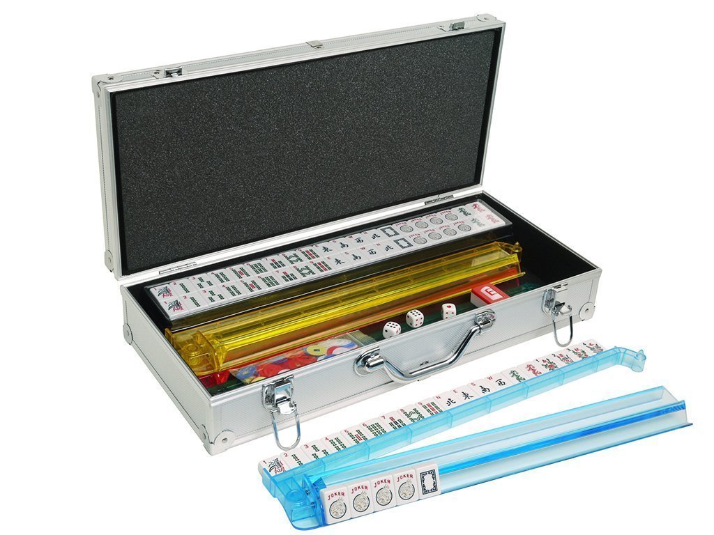 Silver-case American Mahjong set with white tiles and translucent rack-pushers