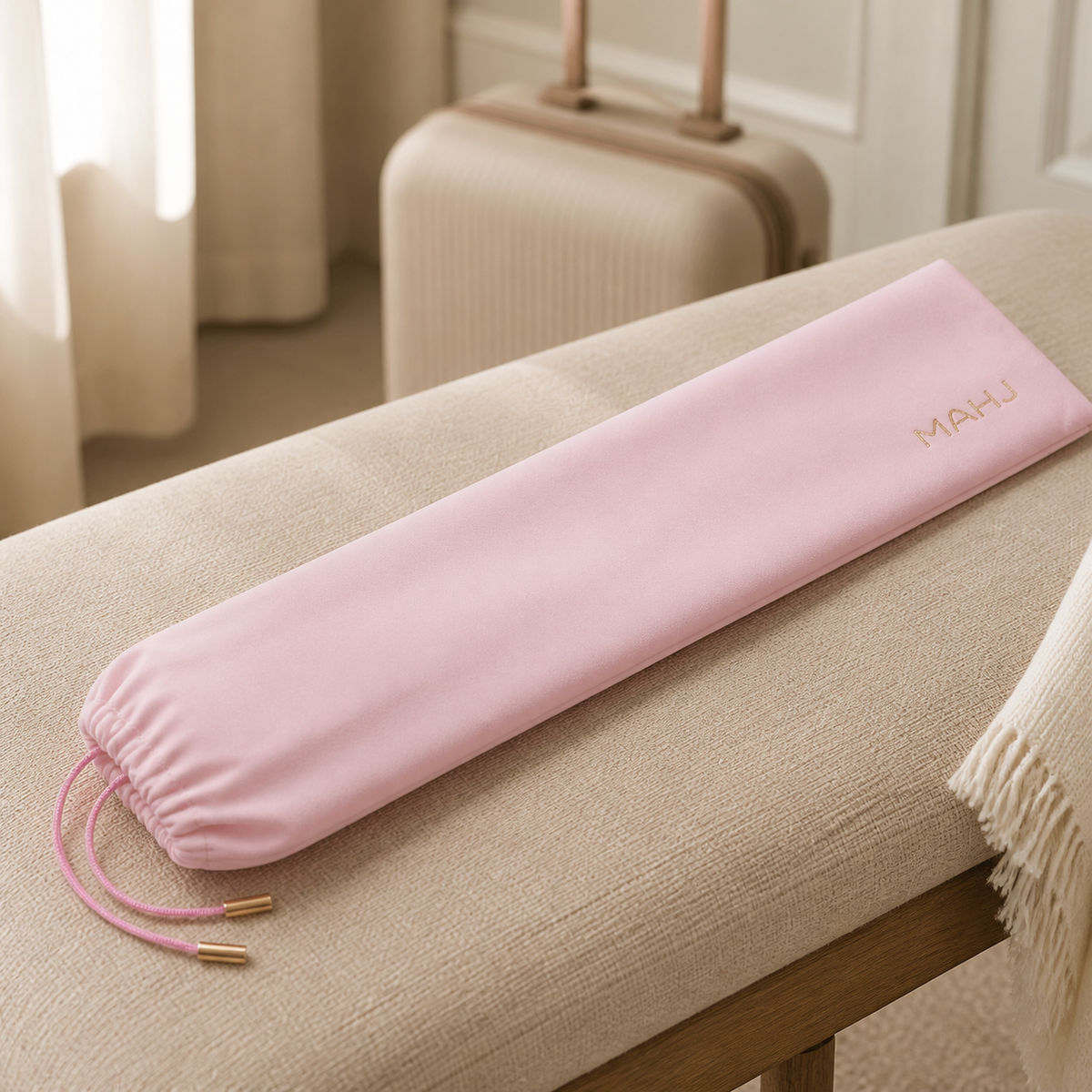 Pink Mahjong rack protective case in a refined travel setting
